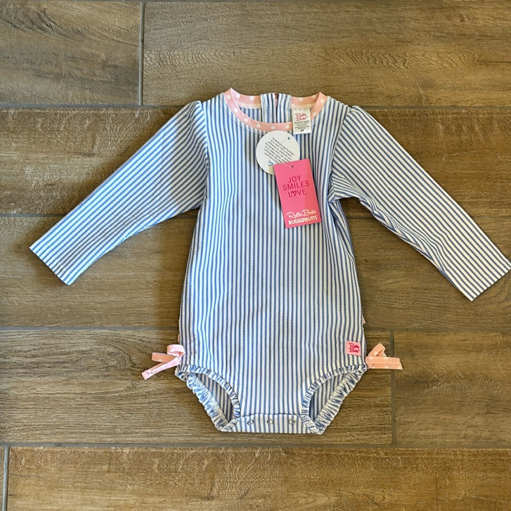 RUFFLE BUTTS Seersucker Long Sleeve Rash Guard One Piece Periwinkle Blue, 2T